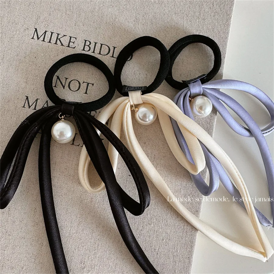 Simple Slender Streamer Hair Rope Bow Pearl Pendant Band French Elegant Tie Rubber Band Hair Accessories New