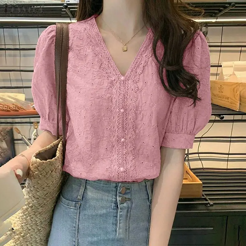 

Летняя блузка ZANZEA 2026 с кружевными вставками, стильная женская модель с V-образным вырезом, коротким рукавом, для отпуска, элегантная, с вырезами, рабочая рубашка оверсайз