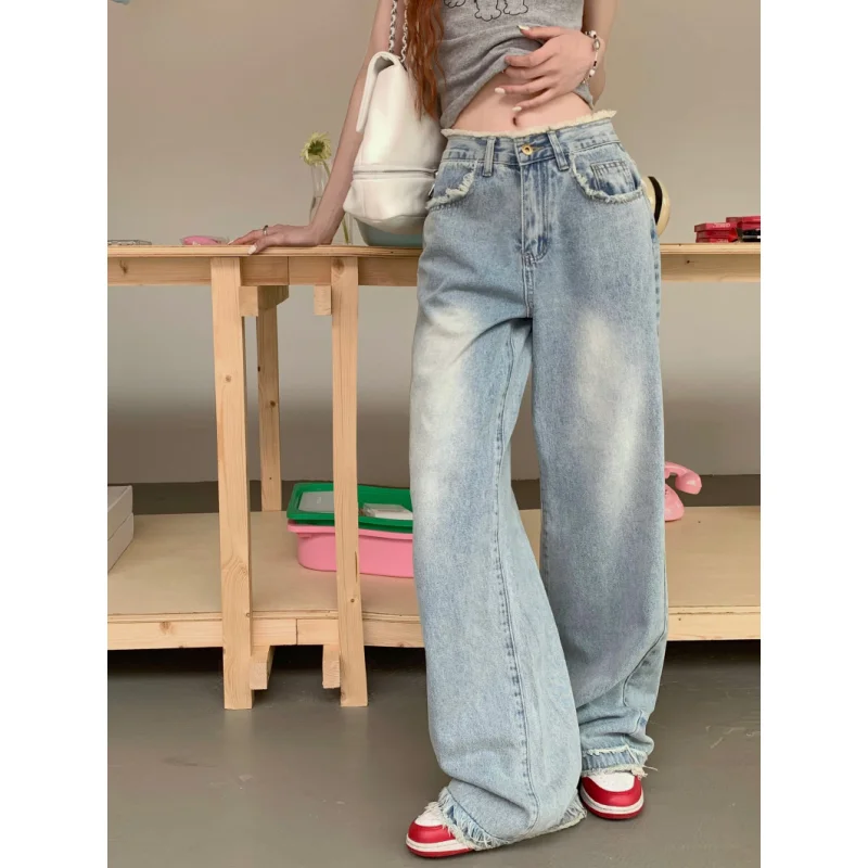 

Vintage Blue High Waisted Women's Jeans Fashion Y2K Streetwear Casual High Waisted Baggy Straight Denim Trouser Wide Leg Pants