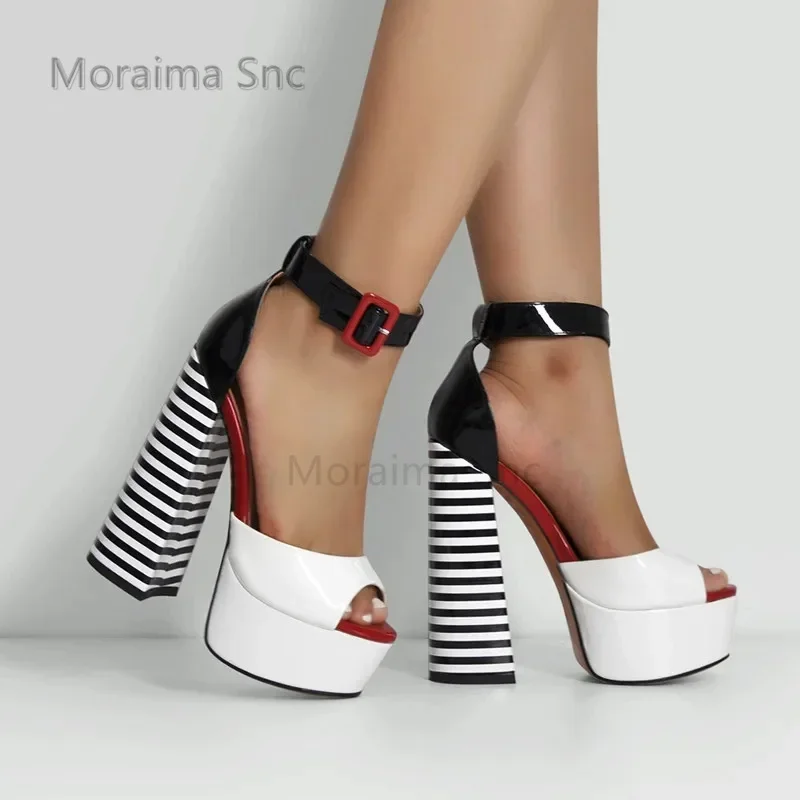 

Peep Toe Chunky Platform Women's Sandals Square Heels Ankle Strap High Heels Sandals Summer Black and White Stripes Party Shoes