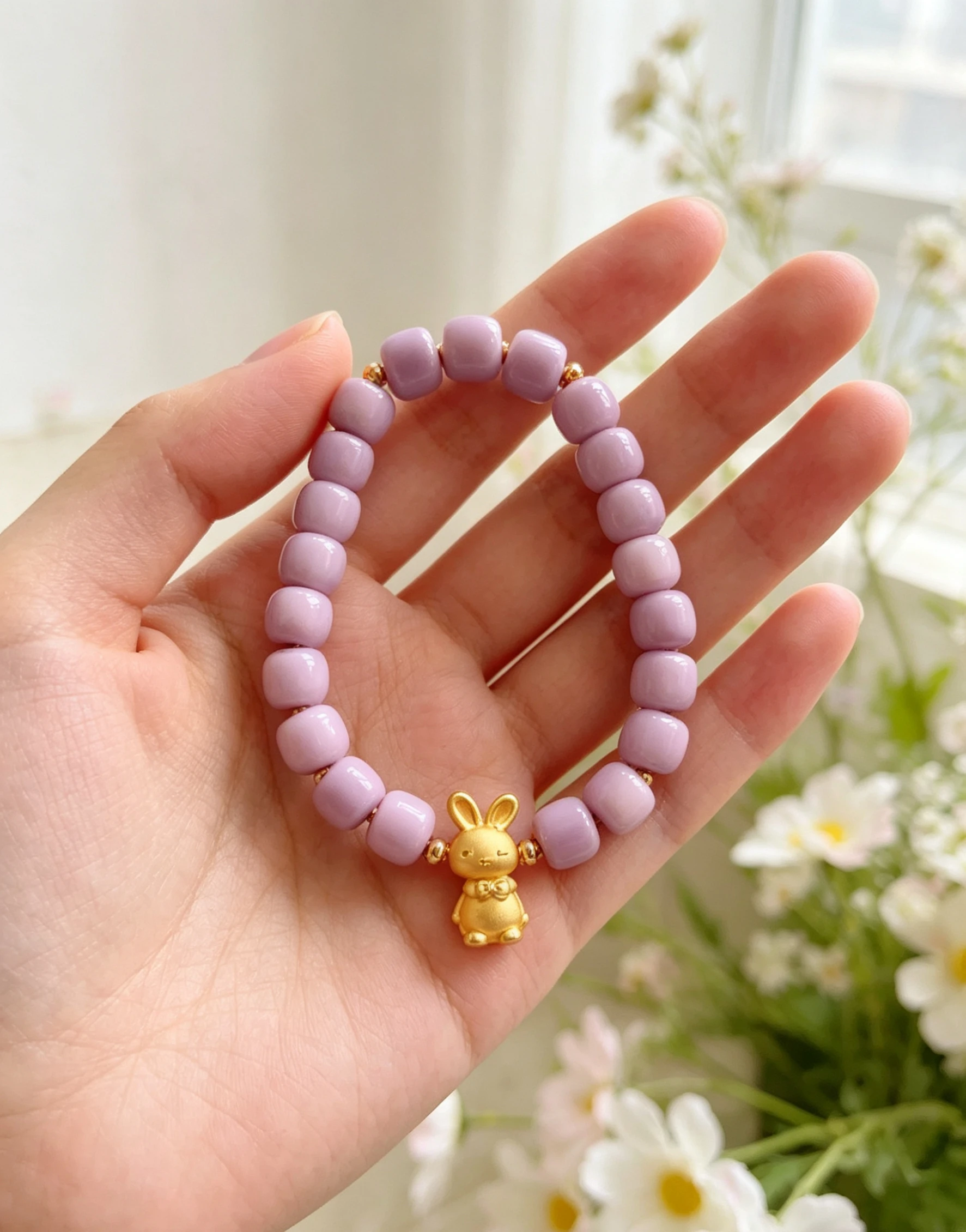 Purple Hainan White Jade Bodhi Bracelet with Bunny Charm view 4