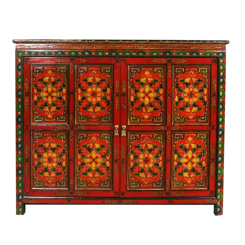 Hand Painted Solid Wood Shoe Cabinet Chinese Ethnic Style Entryway Storage Locker for Living Room Entrance Antique Finish