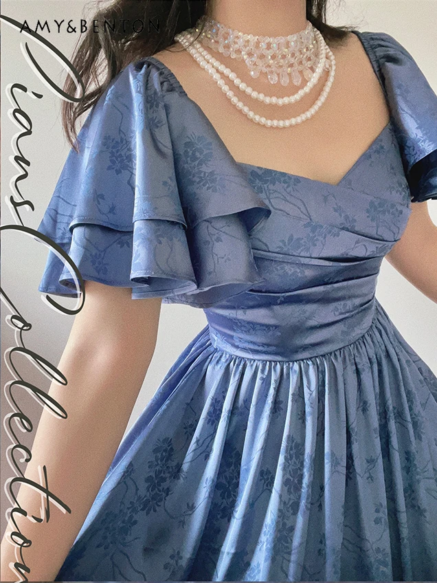 

High-End Elegant Lolita Dresses French Temperament Vintage Satin Jacquard Fishbone Cross Collar Flared Sleeve A-line Dresses