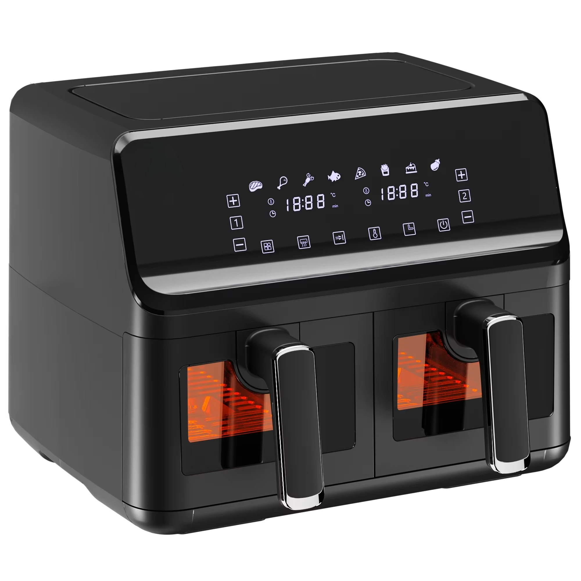 Black Air Fryer 38.5x38x30.5 Cm 2 Independent Steel And PP Baskets With 8 Menus