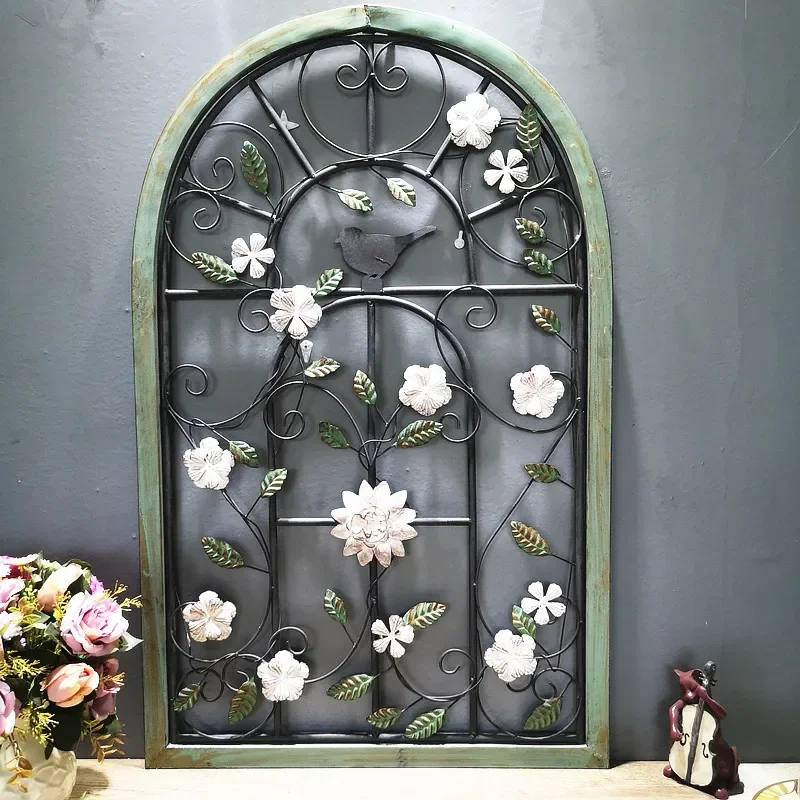 American style rural iron art false pendant Vintage personalized flower hollow window wall hanging Balcony living room decor