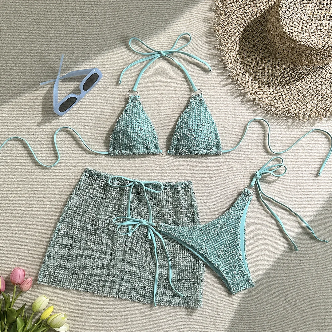 9 Farben Sexy Neckholder-Bikini Damen-Badebekleidung Dreiteiliges Bikini-Set mit Rock Badeanzug Badebekleidung V6451C – Detail 38