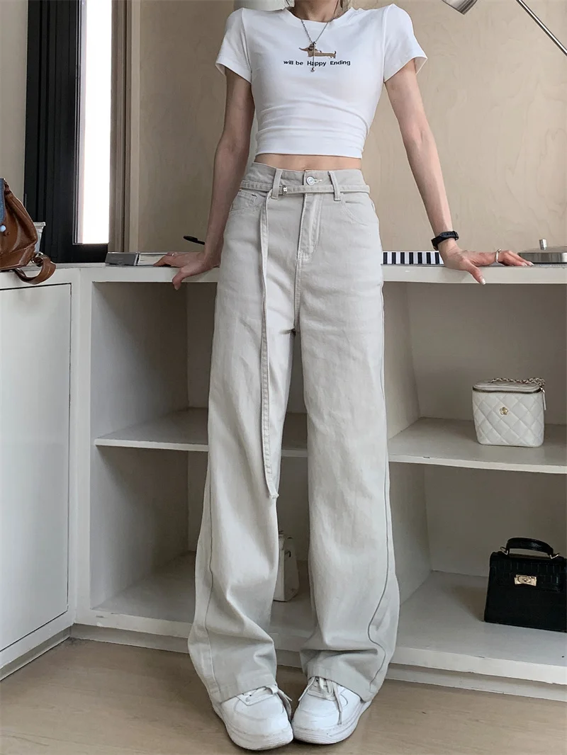 

2025 Trend Women's Y2K Jeans - Moonwash Gray High Waist Denim Pants Elastic Straight Leg Maxi Length with Detachable Belt 2644