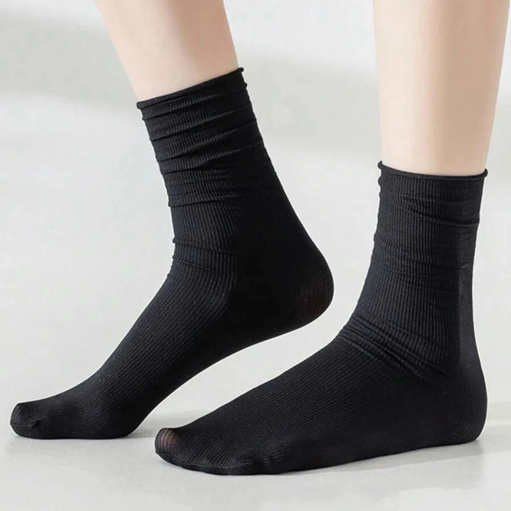 6 Pairs Women Long Socks Versatile Summer Small Medium Sized Leg Black White Solid Color Light Thin Breathable Casual Socks