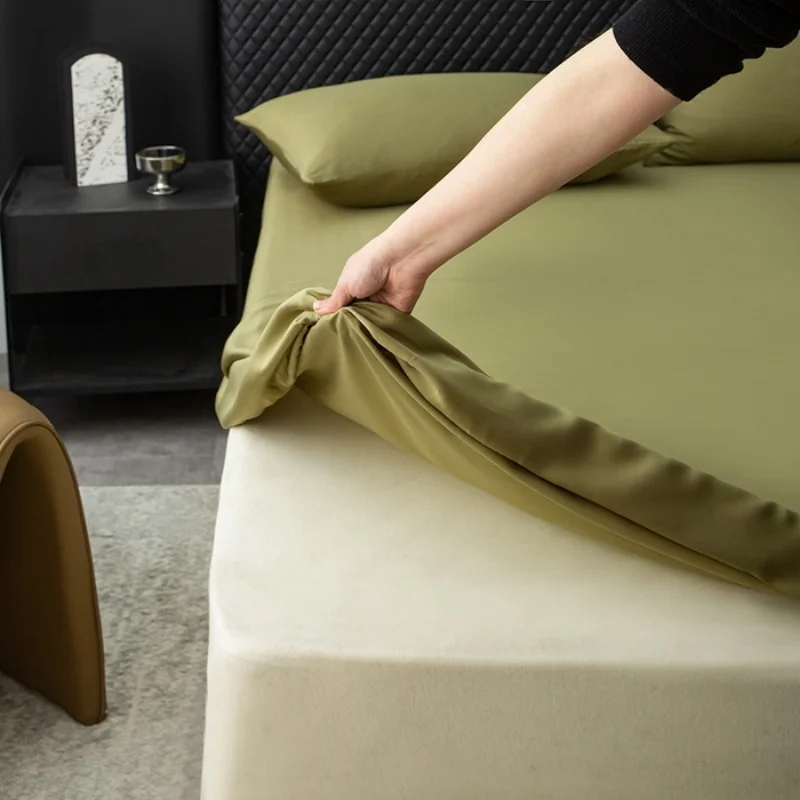 1pc 유칼립투스 리오셀 대나무 장착 시트, 올리브 그린 여름 시원한 느낌 매트리스 커버 120*200+30cm 전체 퀸 침대 사용