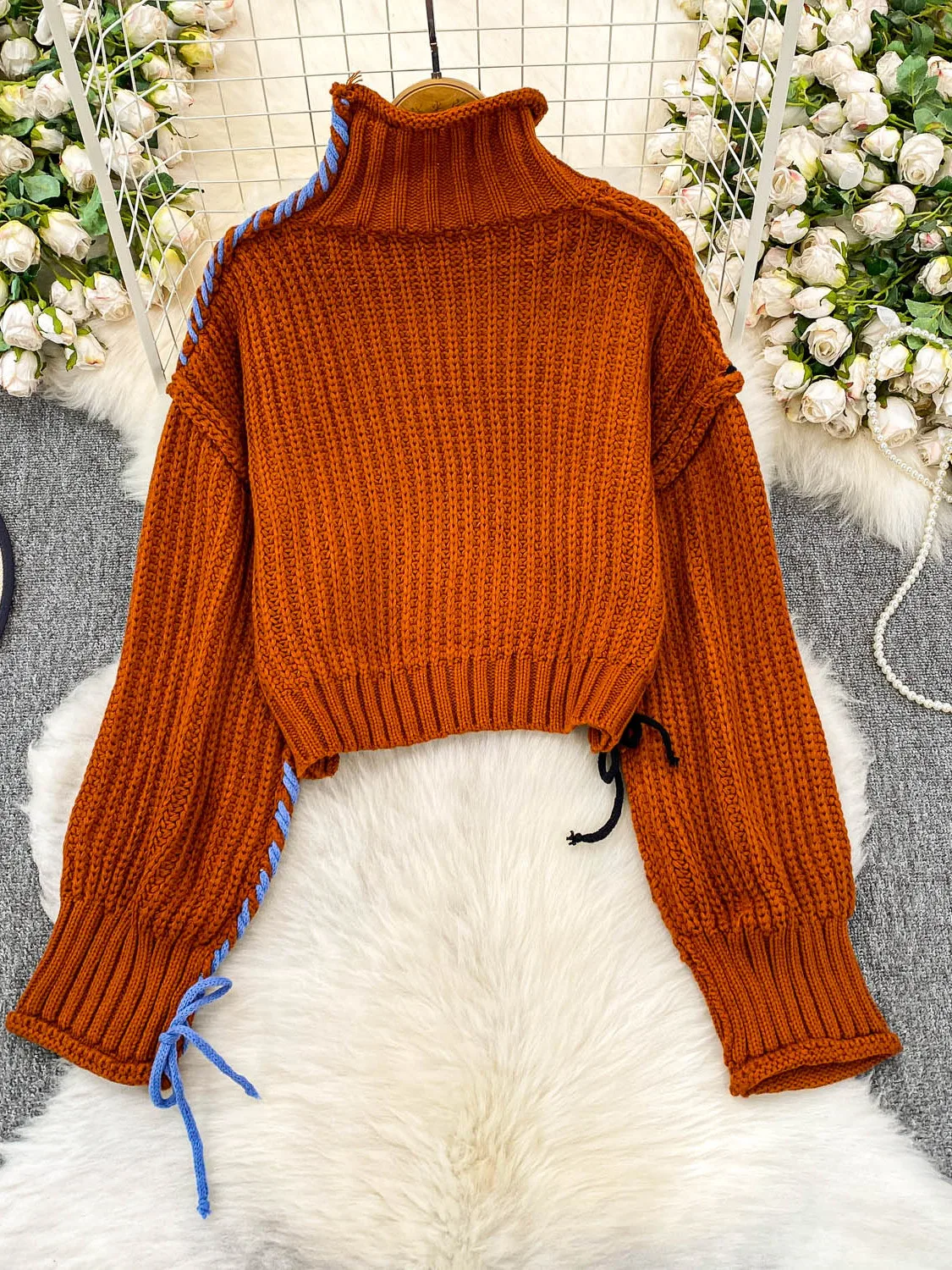 Senhoras suéter de malha solta meia gola alta estilo preguiçoso casual solto ajuste cordão mole outono inverno moda ens...