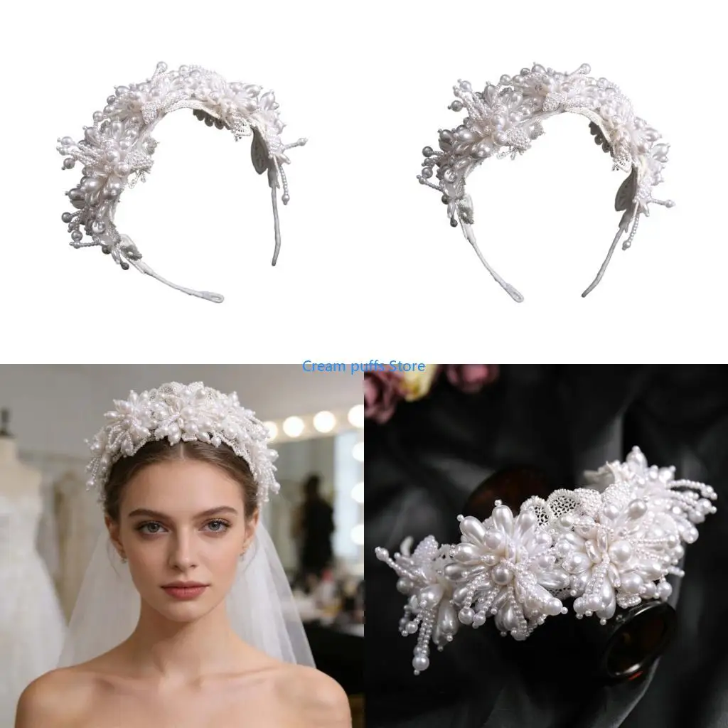 50LE Modern Sparkling Pearls Hair Jewelry Bridal Headpieces Party Blingbling Flower