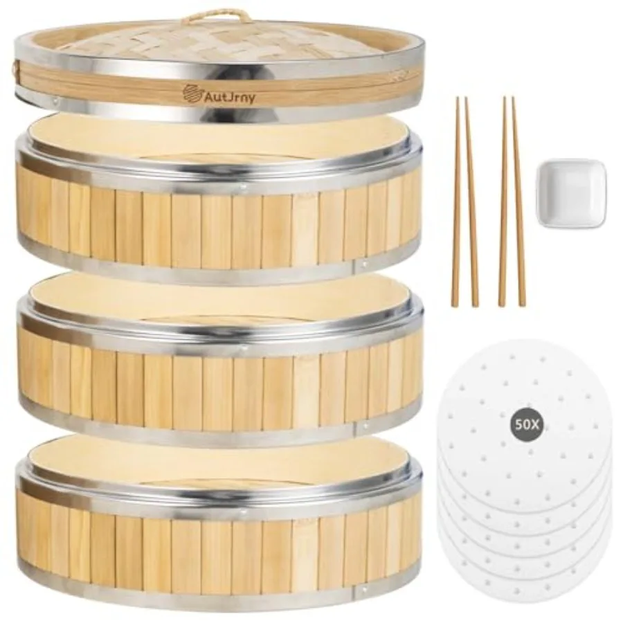 

Vertical Bamboo Steamer Basket, 3-Tier with Staless Steel Rgs 50 Lers, Sauce Dish and 2-Chopsticks Cookg Pot for Buns Dumplgs R