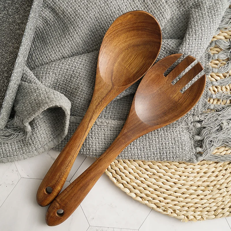 Japanese-style Wooden Cooking Spoon and Fork Set Log Wooden Spoon Wooden Fork Salad Spoon Pasta Fork Cooking Utensils Suit