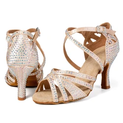 Latin dance shoes for adult women, 7.5cm middle heel, apricot colored rhinestone dance shoes, soft sole, national standard doubl