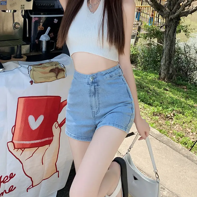 

Light Blue High Waist Denim Shorts Women's Summer Thin Style 2025 New Slim Elastic Spicy A-Line Hot Pants Casual Straight Leg...