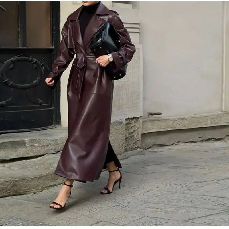 

The 2025 Fall/winter Long Lace-up PU Coat Has A Loose and Casual Temperament