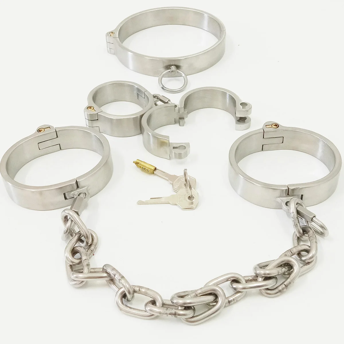 Stainless Steel Restraints BDSM Bondage Metal Neck Collar Hand Ankle Cuffs Set Chain Detachable Adult Games Sex Toys for Couples