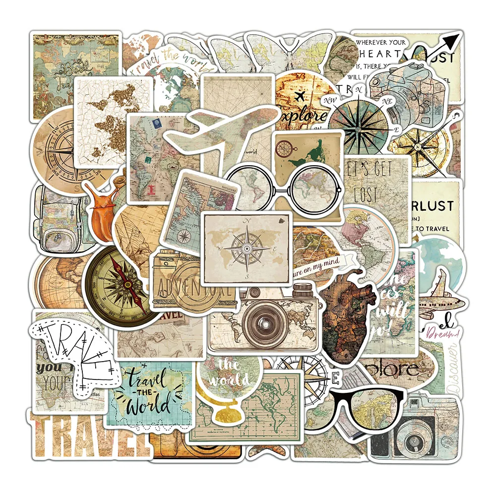 50 قطعة من خرائط السفر الإبداعية، وخرائط الطائرة، والمشاهد، والملصقات الرجعية، والنمط الإضافي، والكتب اليدوية المتخصصة، والملصقات الزخرفية