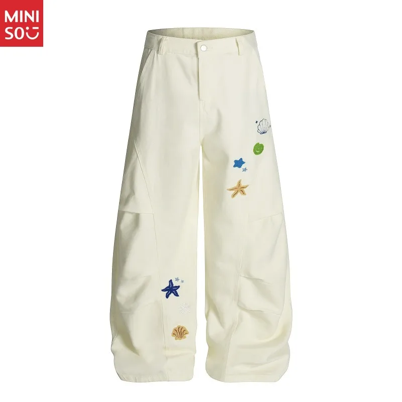 

Miniso Cartoon Starfish Embroidery Patchwork Casual Pants Design Loose Wide Leg Pleated Kukri Cargo Unisex Trousers