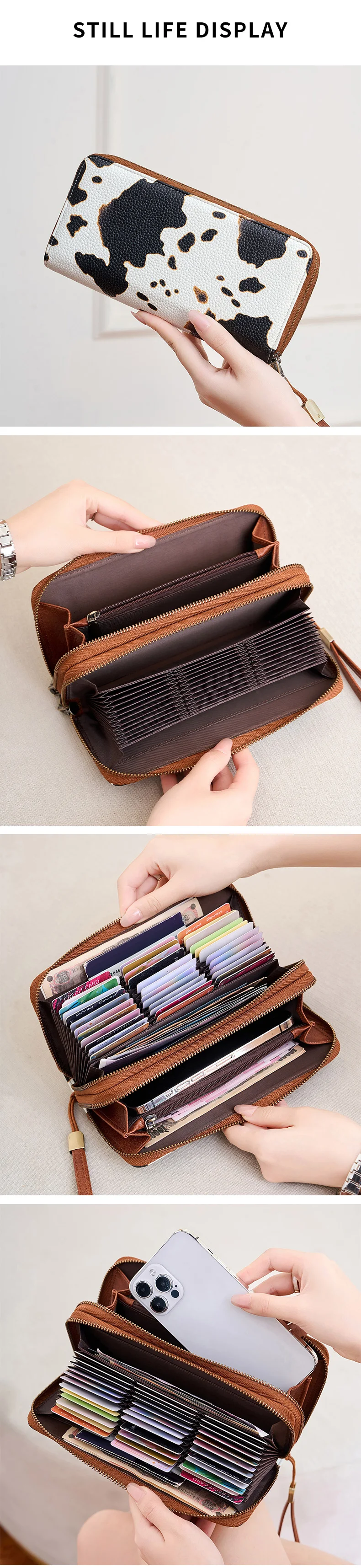 MIYIN Retro RFID-Diebstahlschutz Dreifach-Geldbörse Leopardenmuster Große Kapazität Doppelreißverschluss Handtasche Damen-Clutch mit Handgelenkschlaufe – Detail 4
