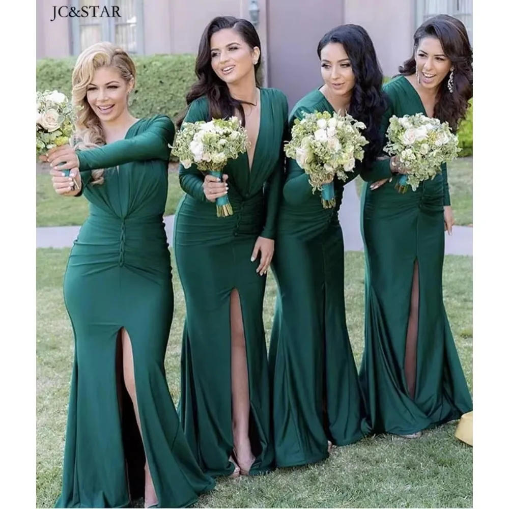 

Green Silk Satin Sexy Mermaid Bridesmaid Dresses Long Deep V Neck Backless Sleeves Wedding Party Garden Prom
