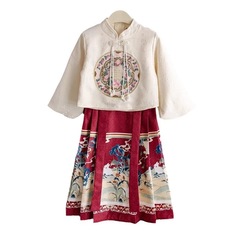 2024 New Arrival Chinese Hanfu Dress Set For Girls Traditional Flower Embroider Horse-face Skirt For Kids Princess Hanbok