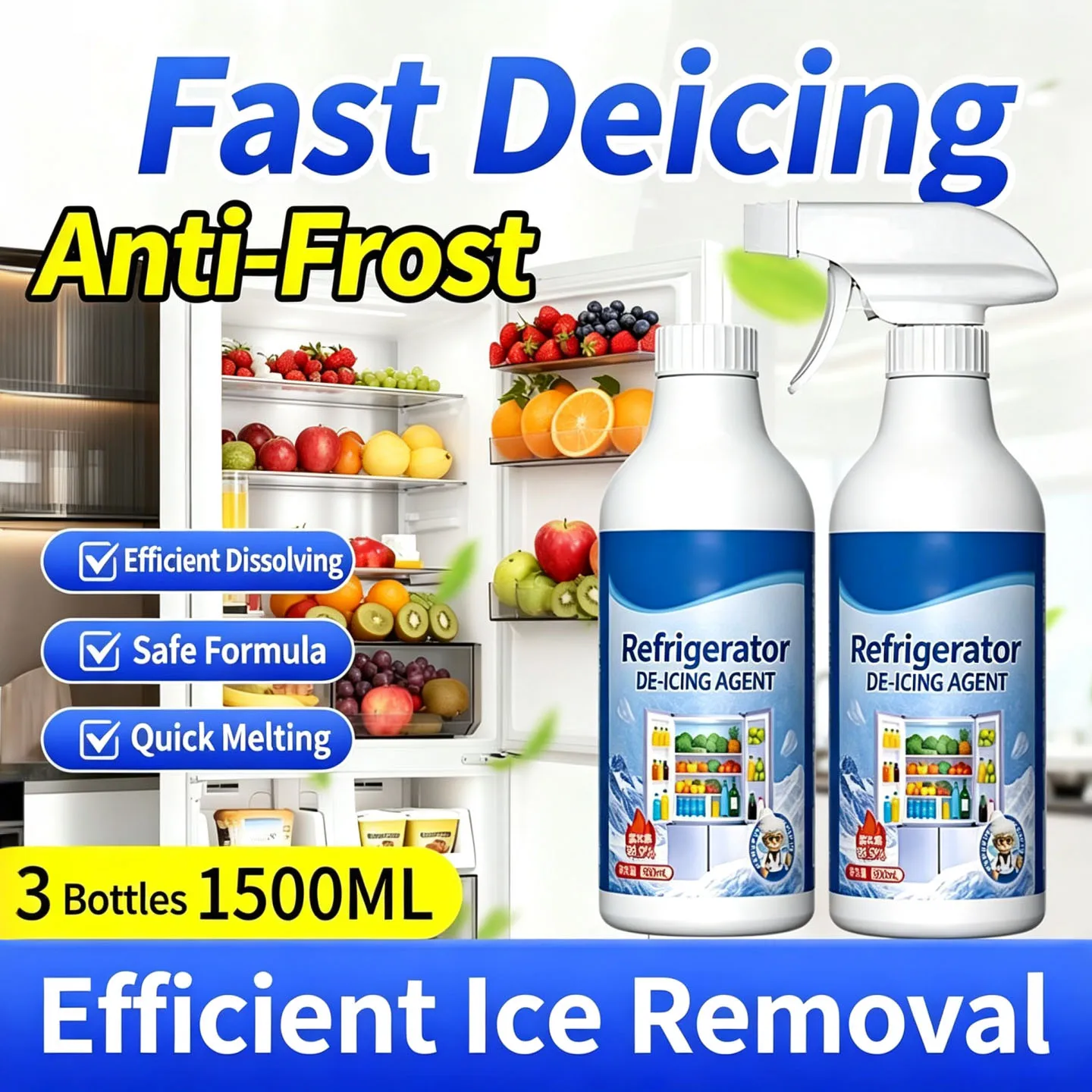 RefrigeratorDe‑Icing Agent 500ml Fast Defrost Spray Anti‑Frost Non‑Toxic Ice Remover For Fridge Freezer Glass Household Cleaning