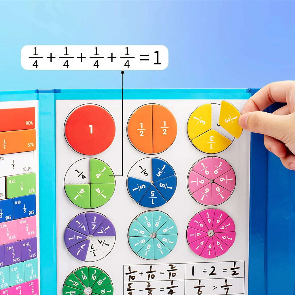 أقراص الكسور المغناطيسية الرياضية، أداة تعليمية لمقارنة حجم الكسور، غطاء موضوع كرتوني على شكل ديناصور