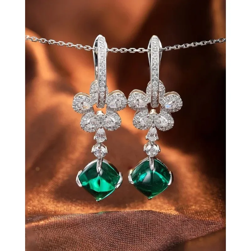 

RUIF New Fashion 7.24ct Sugar Loaf Lab Grown Emerald Earrings S925 Silver Earrings for Girls