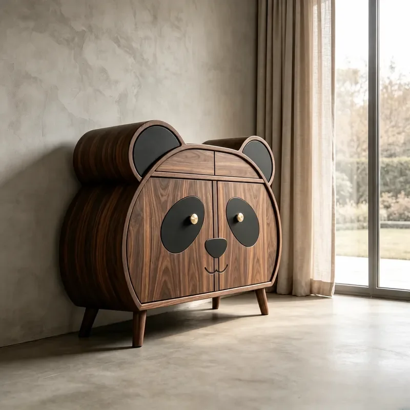 New Chinese Style Solid Wood Panda Shape Dining Side Cabinet Black Walnut Locker Tenon Structure Cartoon Style Furniture