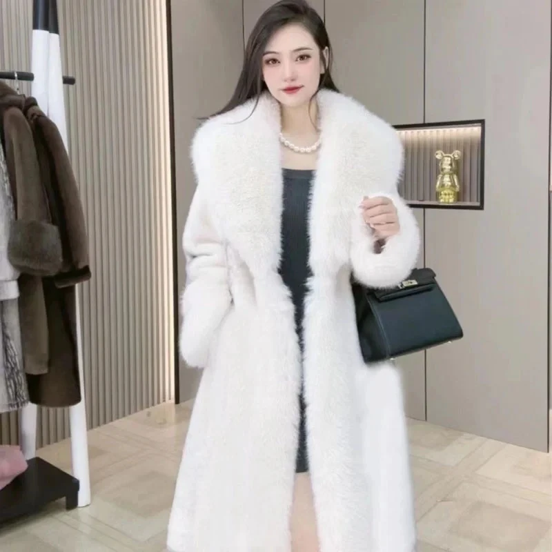 2024 Winter New Warm Imitate Mink Fur Grass Coat For Women Fur And Fur Integrated Fox Collar Mid Length Coat Trend Woolen Collar