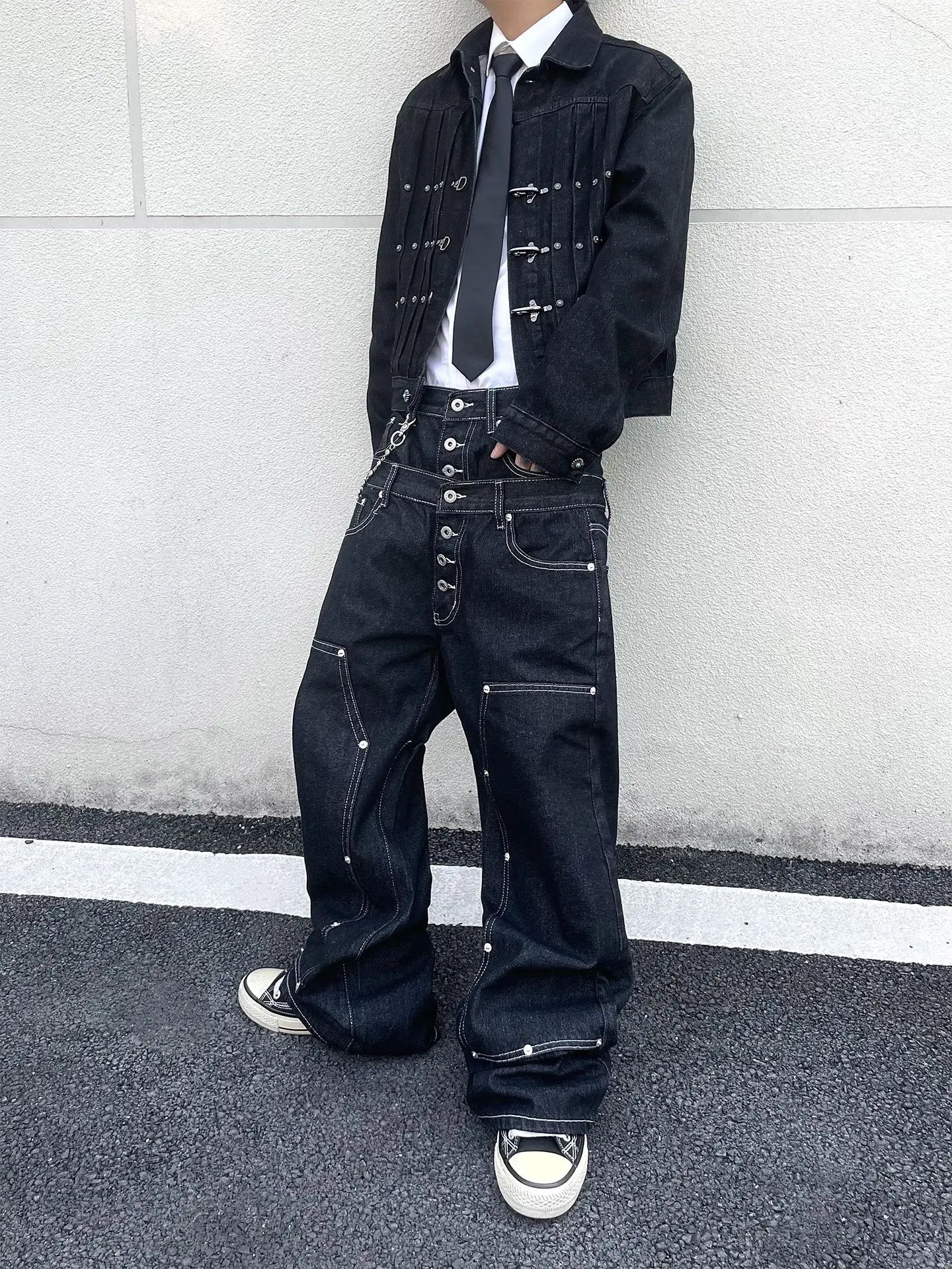 Men's Fake Two Piece Double Waist Design Jeans Single-breasted Sweatpants Street Bottom Boy Casual Pant Male High Waist Trousers