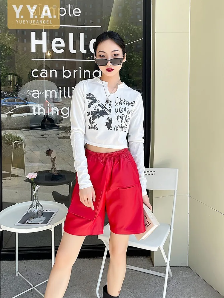 

Women Summer Casual Elastic Waist Knee Length Shorts Streetwear Trousers Female Sheepskin Genuine Leather Short Harem Pants 4XL