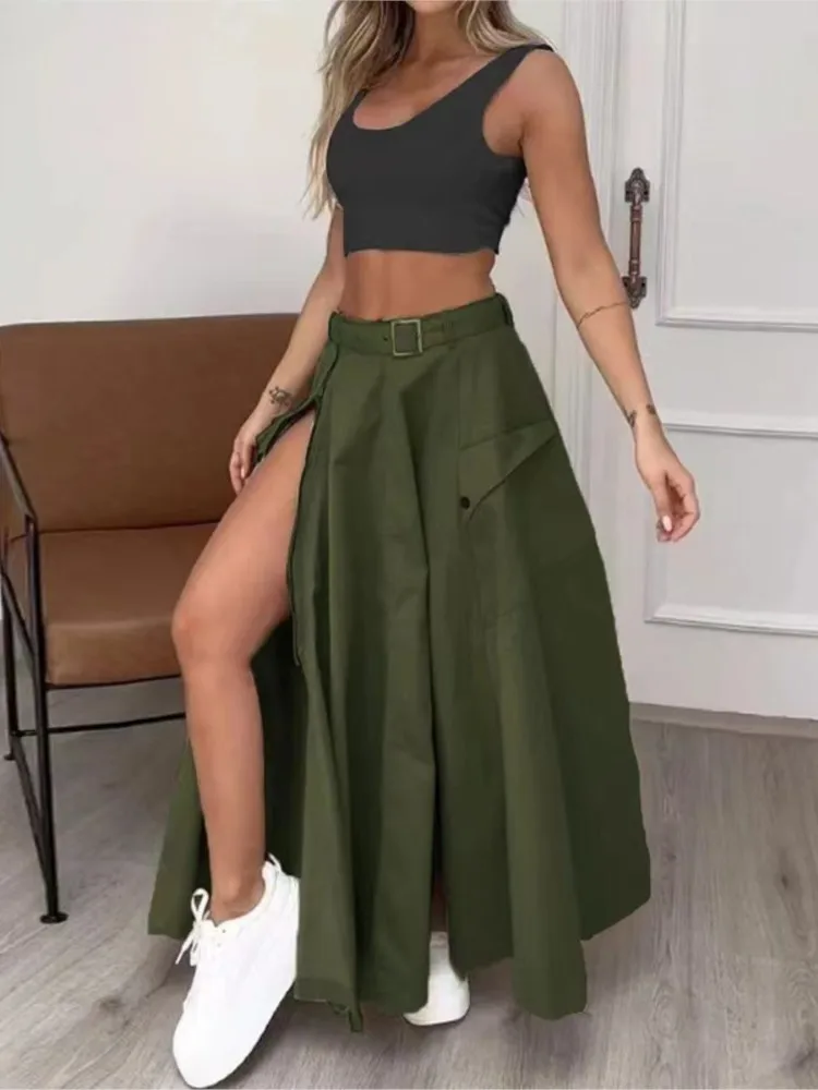 Fashion Solid Color Skirt Two Piece Set Women Trendy Sports Camisole Belt Slit Skirts 2 Piece Sets Female Summer Commuting Suit