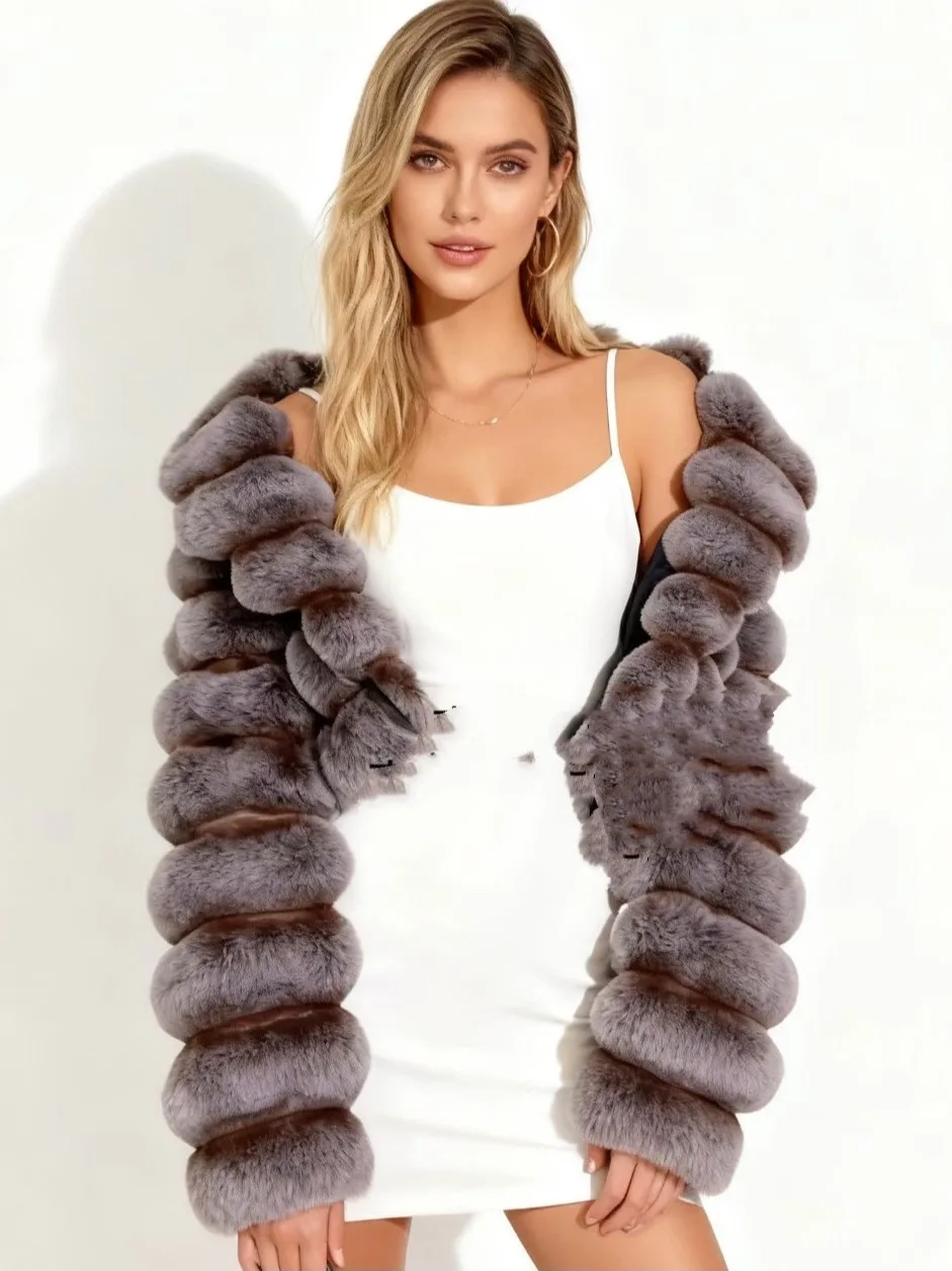 Zimowy płaszcz damski z kołnierzem z imitacji futra królika, koreański styl, luksusowy, elegancki, modny.