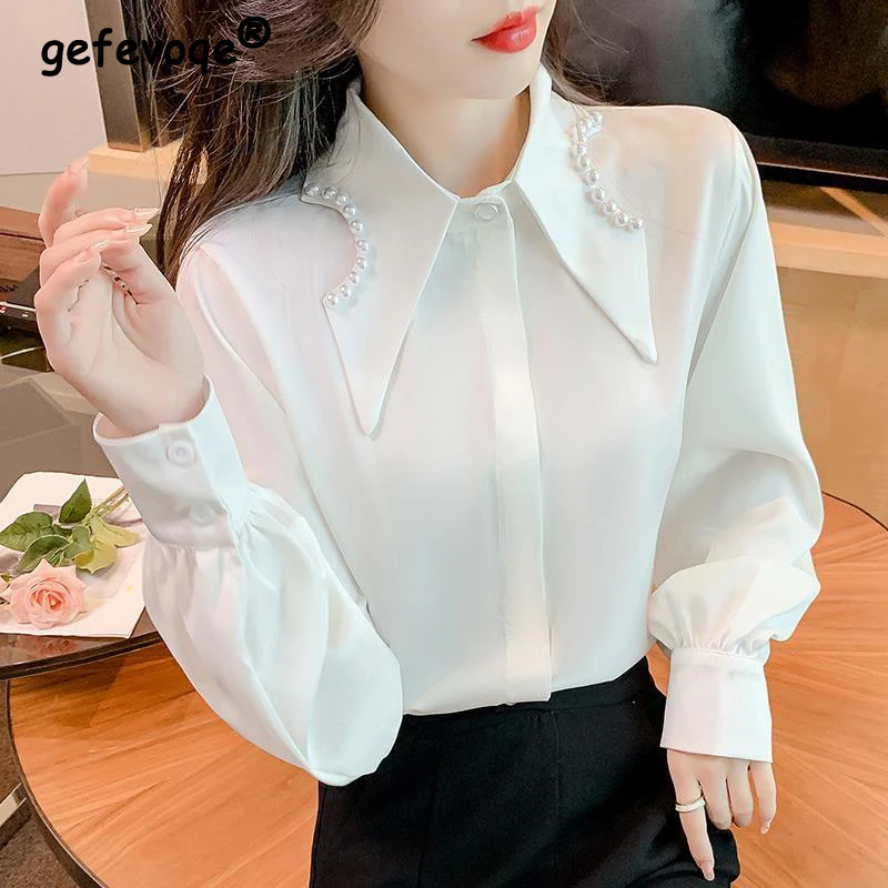 Vintage Elegant Chic Beads Pointed Collar Temperament Office Lady Chiffon Shirt Spring Autumn Black White Loose Blosue Top Women