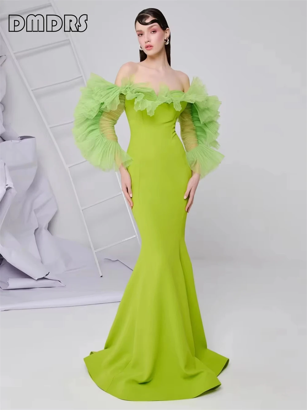 Vestido formal de fiesta largo de tul con volantes, vestidos de noche de sirena de satén elástico, vestidos de cóctel con mangas acampanadas y hombros descubiertos