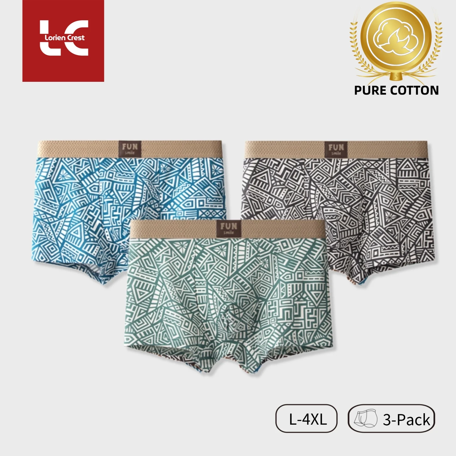 3pcs【Lorien Crest】Men's Pure Cotton Trunks Boxer Briefs Tribal Pattern Elastic Waist Comfort Underwear