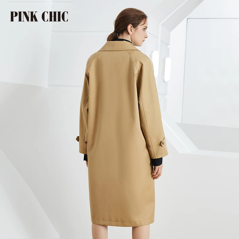 PINK CHIC New Spring Autumn Windbreaker Longer Doll Collar Women Single Breasted Waist Belt Elegant Commuting British Trench 805