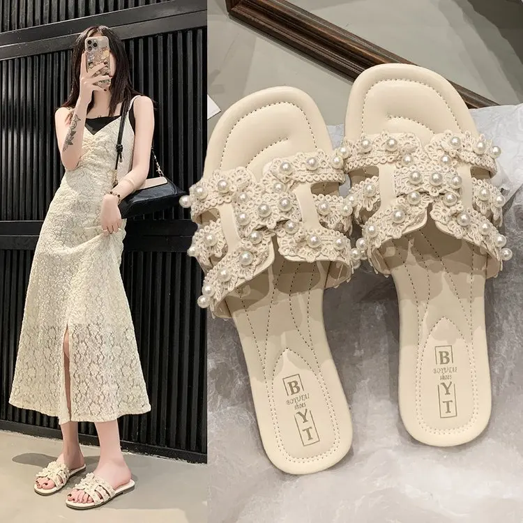 

Pearl slippers for women, flat beach sandals, fashionable with skirts