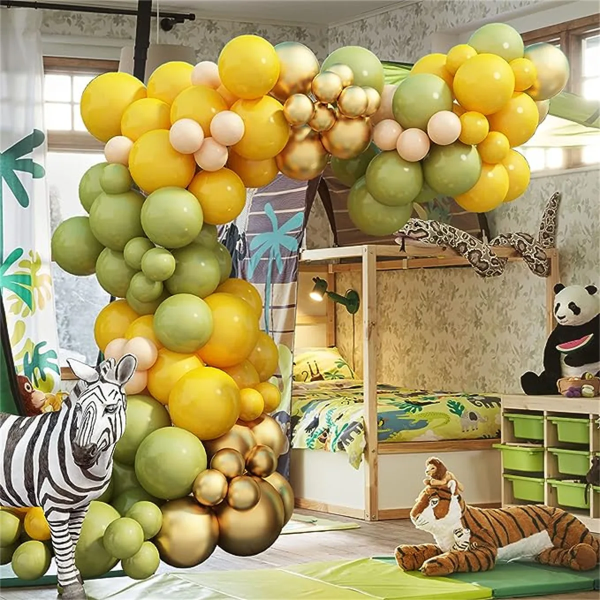 112PCS Jungle Safari Theme Balloon Garland Arch Kit-decorazioni animali verdi e arancioni adatte per feste di compleanno matrimoni