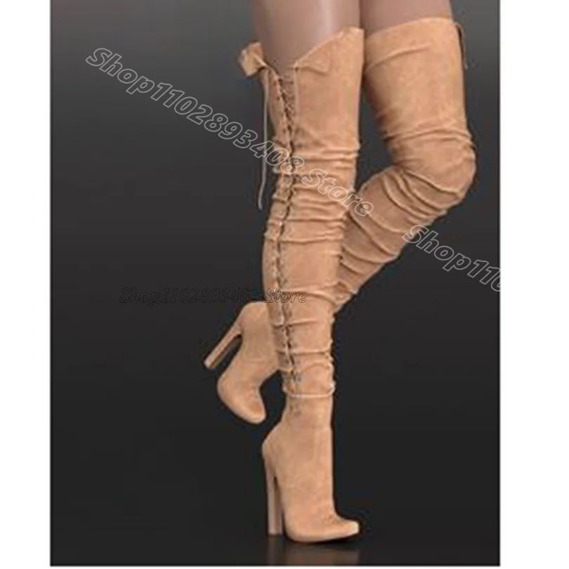 Botas aterciopeladas por encima de la rodilla Para mujer, Zapatos de tacón grueso, punta estrecha, estilo británico, informales, Para fiesta, Verano