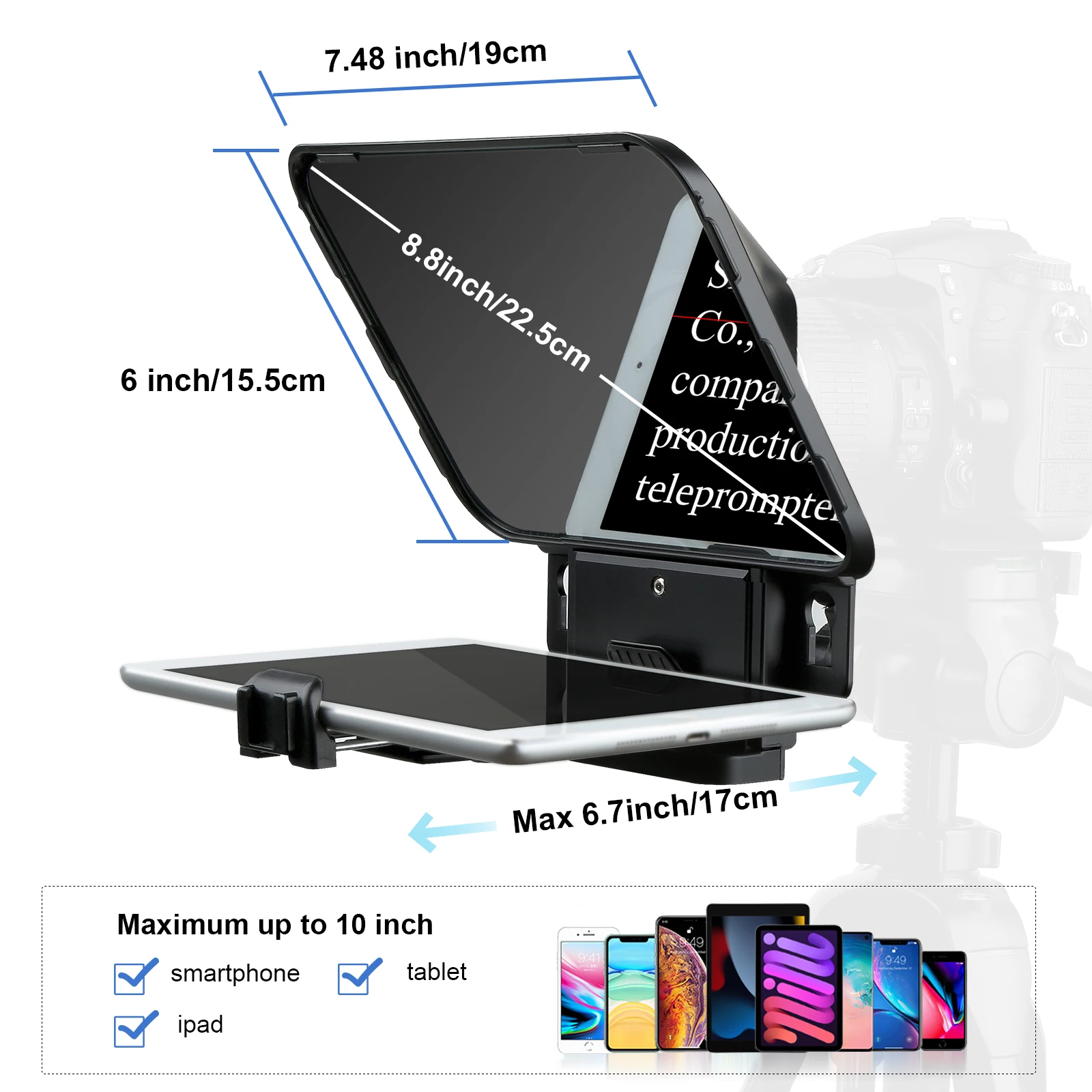 Desview Teleprompter para tableta, Smartphone, iPad, Teleprompters de hasta 11 pulgadas para cámara DSLR, lente gran angular, grabación de vídeo