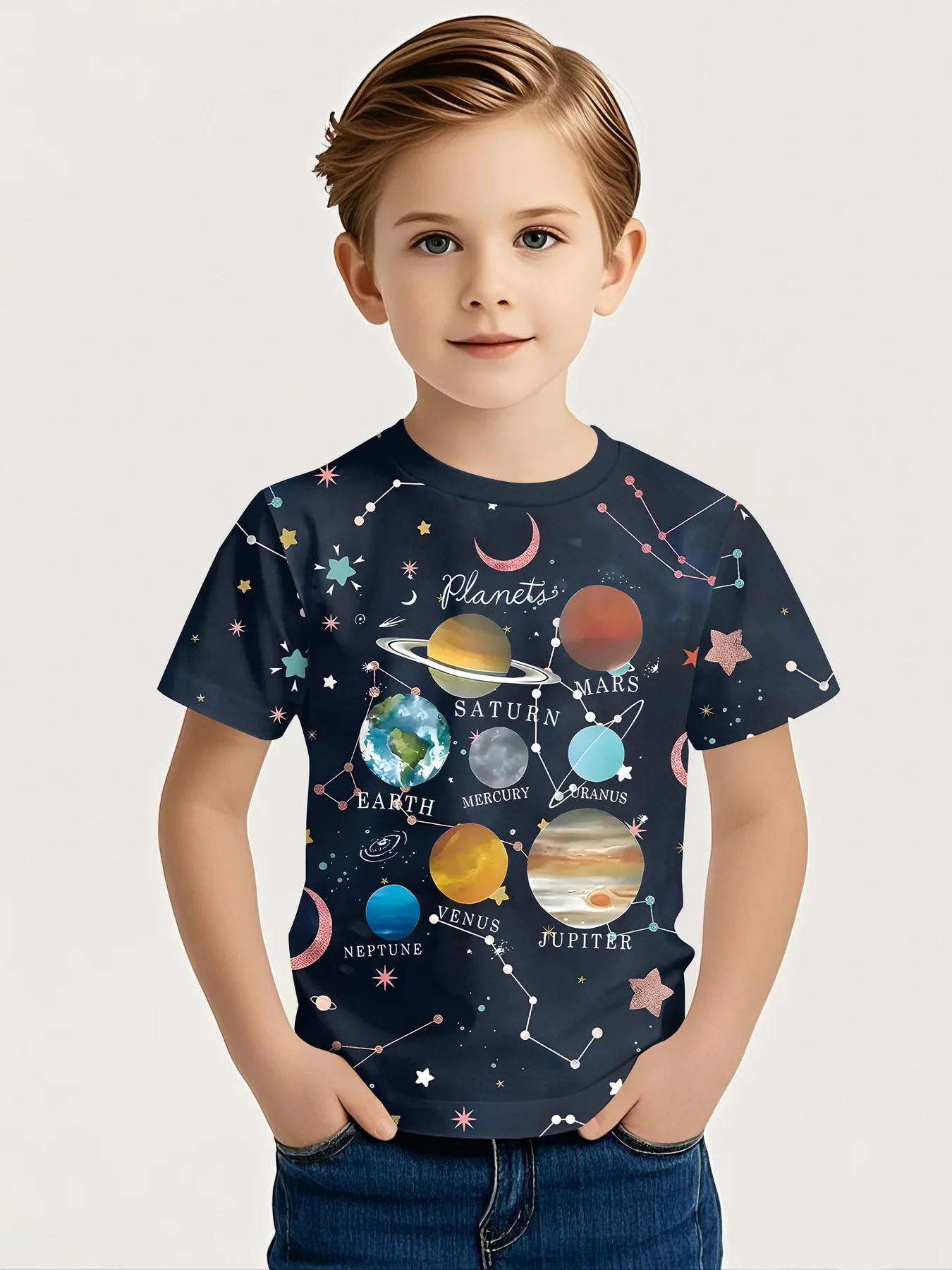 Starry Sky Planet Children's Fun Shirt 3D Digital Printed T-shirt, Suitable for Boys' Daily Outings and Outdoor Sports,Boys