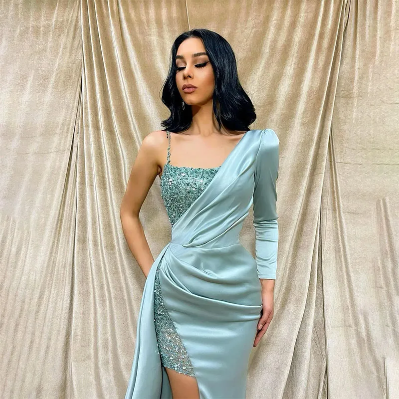 Sexy Mint Green Prom Dresses Sequins One Shoulder Evening Gowns Slit Semi Formal Red Carpet Long Special Ocn Dress