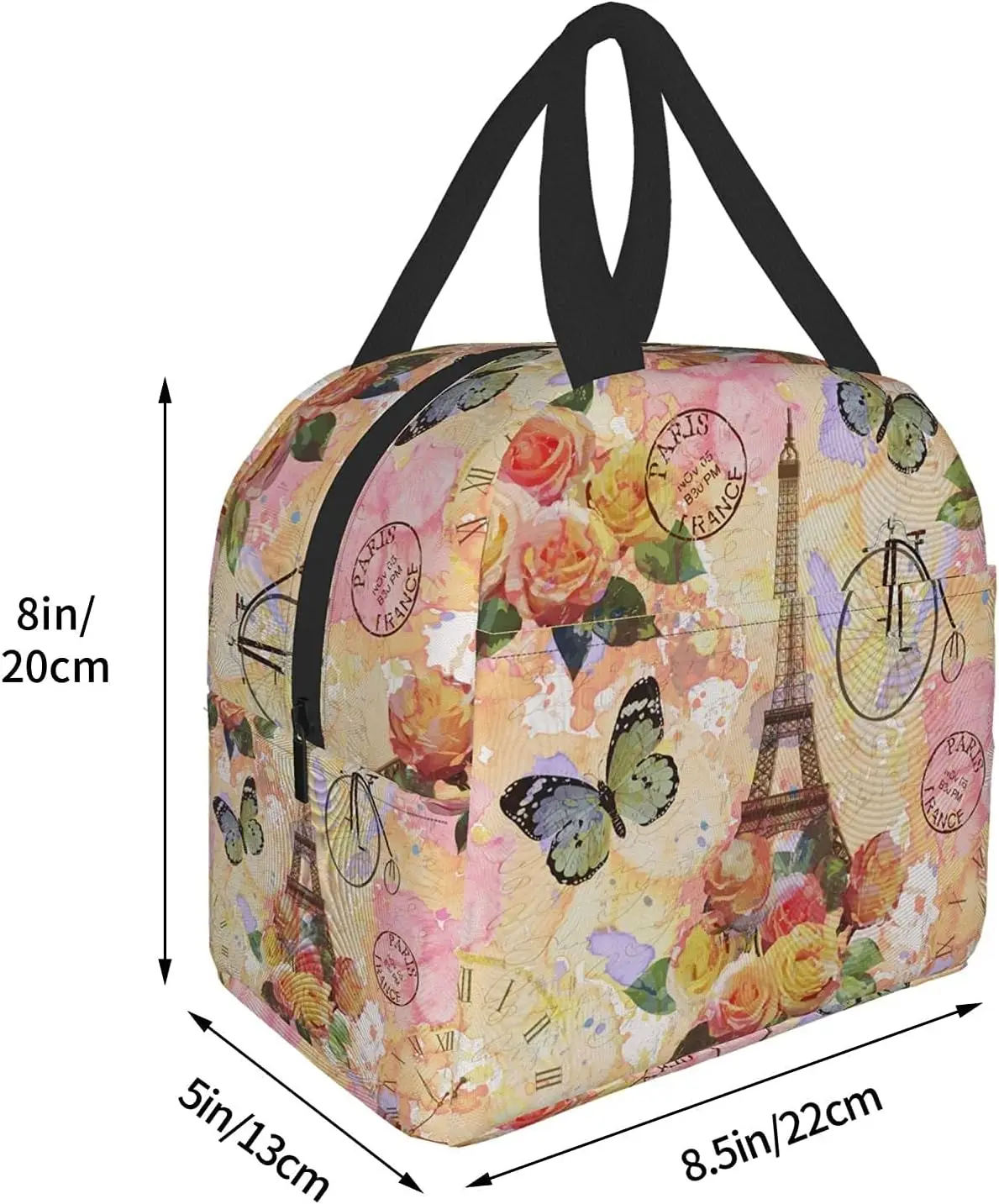 Eiffel Tower Butterfly And Flowers Lunch Bag Compact Tote Bag Reusable Lunch Box Container For Women Men School Office Work