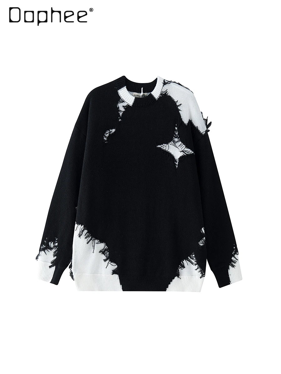 

Осень-зима 2025 г., американский уличный черный сращенный пуловер с потертостями, серый повседневный вязаный свитер с круглым вырезом