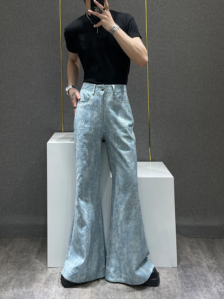 

Loose Flared Jeans Men's Casual Floor-Length Pants Embroidered Sequin Design Faionable Wide Leg Trousers Spring Trend
