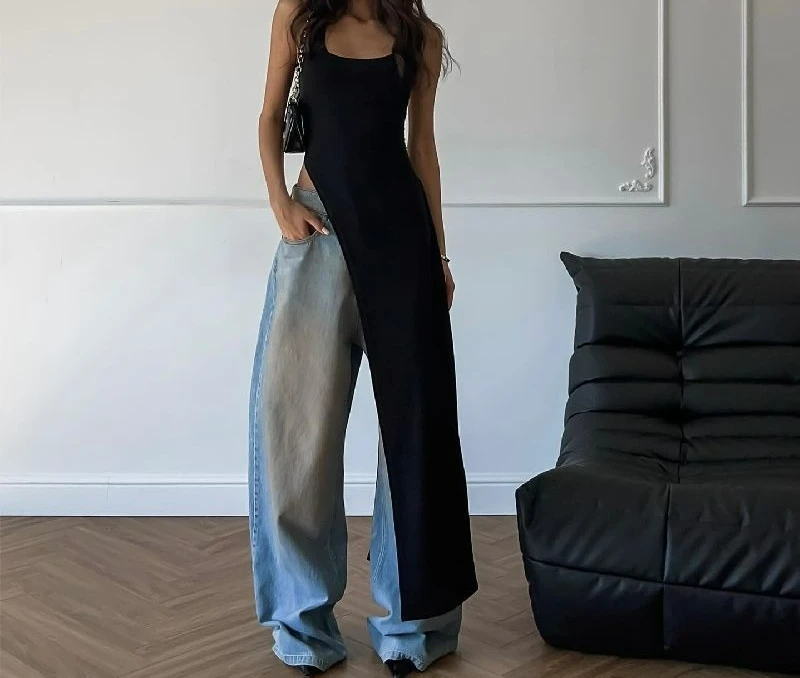Black Sleeveless Slim-fitting Suspender Skirt Slim-fitting Waist Open Fork Fashionable and Super Versatile