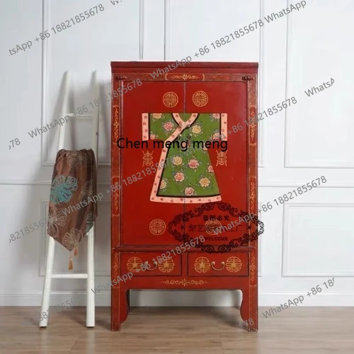 New Chinese solid wood hand-painted large wardrobe neoclassical retro painted old large wardrobe storage cabinet